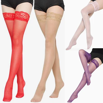 1 чифт женски отглеждане секси Прозрачни дантелени чорапи до бедрото, Мрежа За жени, Дамски чорапи Розово Лилаво Кожа, Червена