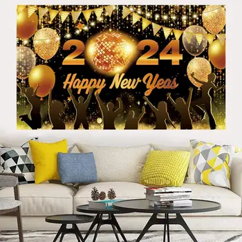 2024 честита Нова Година, Покривка, Блестящо Злато, Балони с Шампанско, Фойерверки, Снимков Фон За Парти в Навечерието на Нова Година, Декор за парти