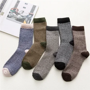 5 двойки / лот, мъжки зимни дебели чорапи на райета, изолирана топли ежедневни чорапи за защита от студ сняг