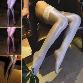 70D Женски сексуални маслени блестящи чорапи до бедрото, дантелен топ, найлонови чорапогащи с дължина над коляното, копринени чорапи с противоскользящим силикон