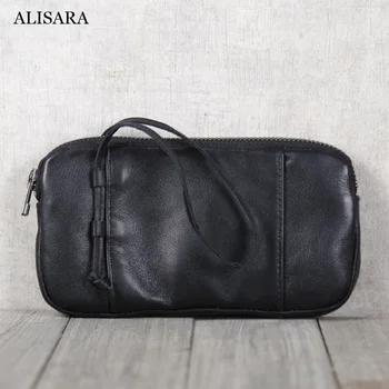 Alisara Мъжки портмонета за телефони от телешка кожа на първия слой, мъжки дълъг портфейл с цип, ежедневни чанти-клатч, дамски проста чанта-органайзер за ръце, чанта-Органайзер