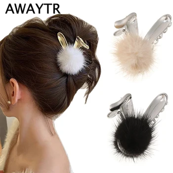 AWAYTR Нов скоба за захващане на топки от домакинството е заек вълна, красиви уши, корона на принцеса, Малки нокти за коса, за жени, аксесоари за коса на висок ток за момичета