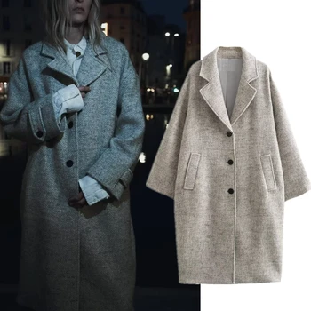 Elmsk, дамско палто в британската мода, тренч, дамско зимно палто, Нова есенна светло сива елегантна текстура, вълнена