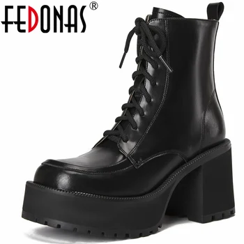 FEDONAS/ Класически Дамски ботильоны с появата на шнур, есенно-зимни обувки на платформа, Дамски обувки на висок ток, Офис дама от естествена кожа за работа