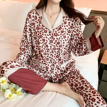 Lisacmvpnel/ Дамски сатен пижама от две части с дълъг ръкав, която може да се носи, модерна пижама с принтом