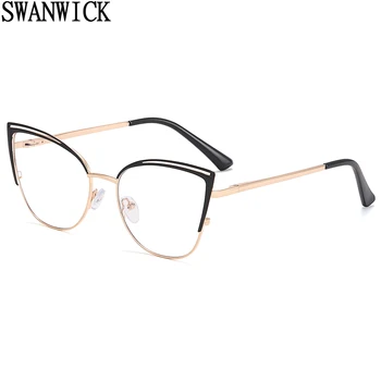 Swanwick против blue light очила за жени с прозрачни лещи, метални рамки за очила, cat eye, оптичен европейски стил, черното злато, високо качество