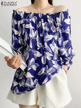 ZANZEA Летни Празници Ежедневни блузи, Елегантни блузи с флорални принтом, Дамски Секси блуза с открити рамене и 3/4 ръкав, Ризи в Корейски стил
