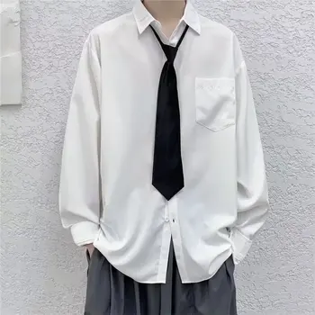 Бели обикновена риза и вратовръзка, мъжки ежедневни жилетка Оверсайз с дълъг ръкав, Модерен пролетно-есенни блузи Унисекс, ежедневни универсални капаци