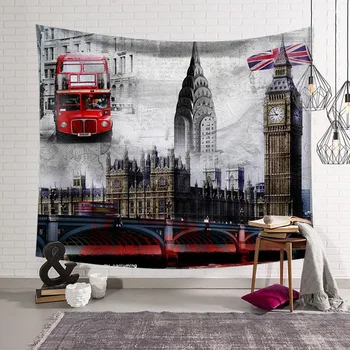 Гоблен с червен автобус в Лондон, Англия, Реколта художествена тема, Знаме на Обединеното Кралство, Интериор на спалня и хол в европейския архитектурен стил