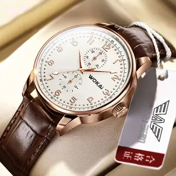 Гореща разпродажба, Мъжки часовник WOKAI, Модерен Бизнес часовници, Мъжки Кожена каишка, кварцов часовник, Мъжки-Добрият подарък Relogio Masculino