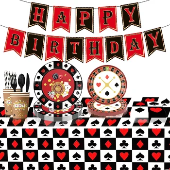 Декорация за рожден ден в стил покер прибори за Еднократна употреба за партита Хартиени салфетки Чаши, Чинии Банери Покривки Сламени