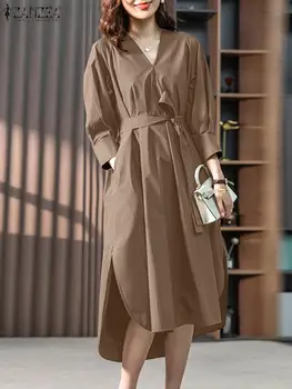 Елегантна женствена рокля 2023 ZANZEA Есен Ежедневни свободна риза с 3/4 ръкав Vestido V-образно деколте Плътен Офис сарафан Миди с разрезным подолом