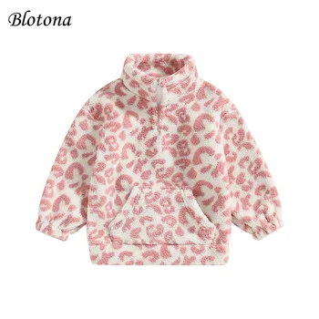Зимата на топло флисовое палто Blotona за малки момичета, връхни дрехи с цип с леопардовым принтом и дълъг ръкав, с един джоб, от 3 до 7 години