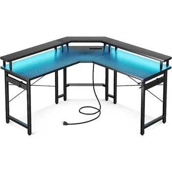 Игрална маса L-образна форма с led осветление и изходи за захранване, 51-инчов компютърен маса с поставка за монитор, черно въглеродни влакна