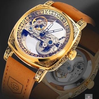 Квадратен прозрачен скелет, мъжки часовник самостоятелно ликвидация, корпус с гравиран в Ретро стил, Луксозен блеснали Златни Мостово колан, мъжки часовник