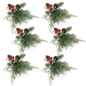Коледни Пръстени За Салфетки Комплект от 6 Пръстените-Притежатели за Салфетки с Изкуствени Борови Шишками, Клонки и Украса от Червени Плодове