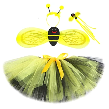 Костюм с пола-набор Honeybee за малки момичета, костюми за рожден ден и Хелоуин с крила, комплект прагове от фатина с жълто-черна пчела за деца