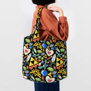 Модерен принт Zeldas Pattern Чанта за пазаруване за многократна употреба употреба Холщовая чанта за пазаруване Чанта за видео игри, чанта за снимки