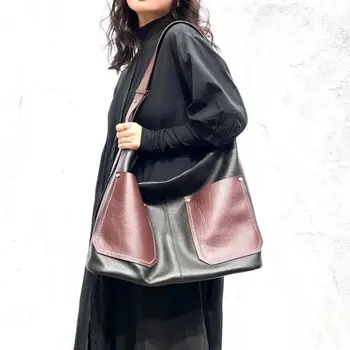 Модерна и висококачествена лоскутная контрастная чанта от телешка кожа с горния слой по рамото за жени, модни и универсална чанта