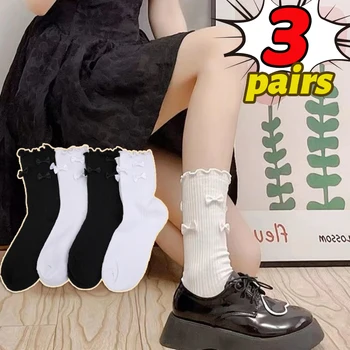 Модни чорапи с дървени уши, мини-лък, Harajuku, черни, бели чорапи със средна дължина, Сладки и Удобни памучни чорапи за жени