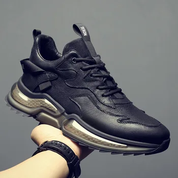 Мъжка черна кожена обувки Ежедневни офис маратонки N0-slip, износоустойчиви водоустойчив лоферы дантела, удобна за ходене