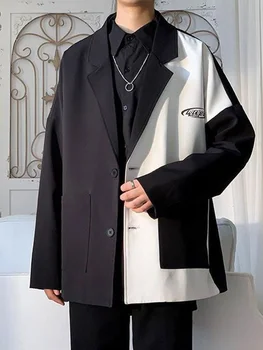 Мъжки ежедневни яке 2024, есен облекло, черно-бяла на цвят, женски корейски trend блейзър, дизайнерски прострочка, готино палто