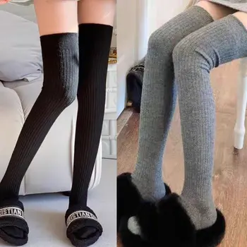 Обикновена чорапи до бедрото, дамски модни ежедневни дълги чорапи над коляното, топли памучни гамаши с високо тръбата.