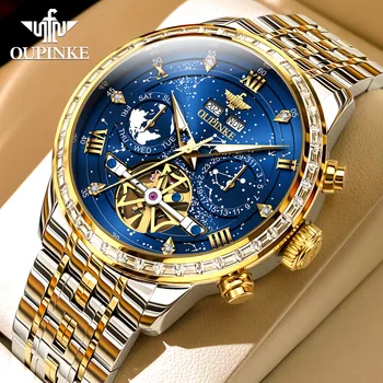 Оригинални мъжки часовници, Луксозни Многофункционални Напълно автоматичен механичен часовник Водоустойчив Светещи С бриллиантовым циферблат Звездното небе