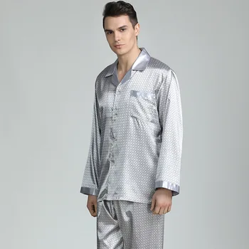 Пролет / Лято мъжки пижами от фина изкуствена коприна, жилетка с дълъг ръкав, комплект от две части, ежедневни домашни дрехи с принтом голям размер