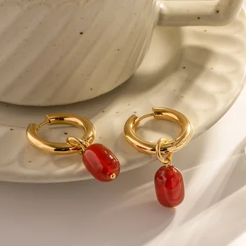 Реколта обеци-капки от червени естествен камък, Кръгли Обръчи, обтегач за уши, женски накити от неръждаема стомана златист цвят, сравнявам Подарък, Нестандартен