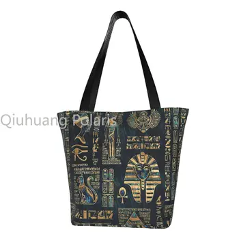 Рециклиране на египетски йероглифи и Божества, пазарска чанта, дамски холщовая чанта-тоут, чанти за пазаруване от устойчив материал