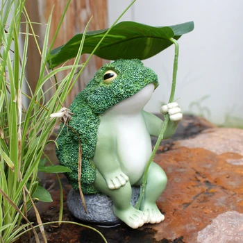 Статуя на жаба от Броколи в градината, Скулптура жаби от Броколи на открито, скулптура от листа на Лотос, Забавна Жаба, седнала на камък, Фигури от смола, декор