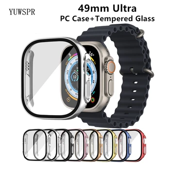 Стъкло + калъф за Apple Watch 49 мм iWatch Ultra Screen Protector PC + покритие от закалено стъкло, вграден калъф за Apple Watch Cover