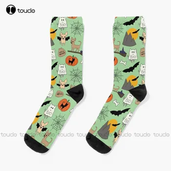 Хелоуин, Чихуахуа, Чихуахуа - Зелени чорапи, Хелоуин, чорапи с виртуален скелет, дигитален печат 360 °, Удобни, най-Добрите Спортни забавление за момичета