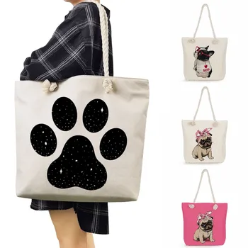 Чанта-тоут с анимационни принтом Мопс, дамски чанти във формата на кучешки лапи, модни дамски чанти от лен дебелото въже, лятна дамска чанта през рамо с голям капацитет