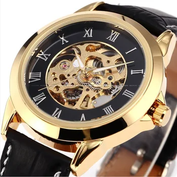 Часовници SHENHUA Мъжки часовник със златен виртуален скелет Случайни кожена каишка Автоматични механични ръчни часовници за Мъже reloj hombre Relogio Masculino