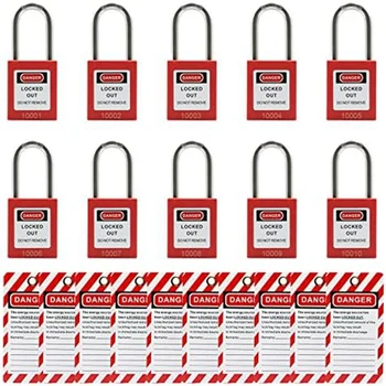 Червени заключващи се брави с 10 запирающимися бирками с различни ключове, съвместими брави за сигурност (червени, с различни ключове)