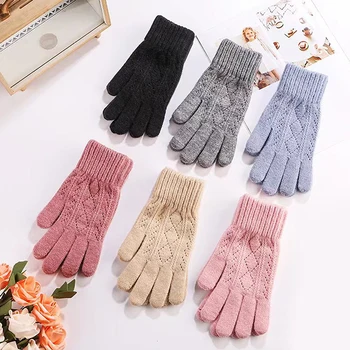 1 чифт женски топли зимни ръкавици за сензорен екран, Еластични Възли Ръкавици, вълнени дамски ръкавици за плетене на една кука за целия пръст