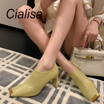 Cialisa / Есенни Нови дамски обувки-лодка 2023, Модни дамски обувки с квадратни пръсти, висококачествена естествена кожа, Елегантни дамски обувки на висок ток