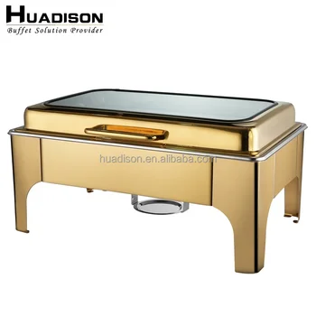Huadison други аксесоари за хотели и ресторанти, 9-литров правоъгълната златна чиния за решетка от неръждаема стомана и комплект за подгряване на храна