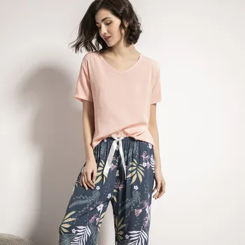 Блузи с къс ръкав и дълги панталони, женски пижамный комплект, лятна пижама, удобен комплект от памук и вискоза контрастни цветове, дамски пижами