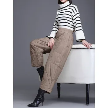 Дамски обикновена панталони Harlan за зимата 2024, нови модни панталони Harlan, разтеглив и топли ежедневни панталони-прожектори с висока талия и дебели гънки на колана