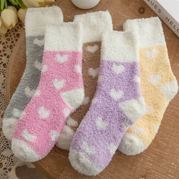 Дамски чорапи Kawaii с хубаво сърце, меките коралови кадифе зимни чорапи Harajuku, Ежедневни чехли, Чорапи, Коледни подаръци