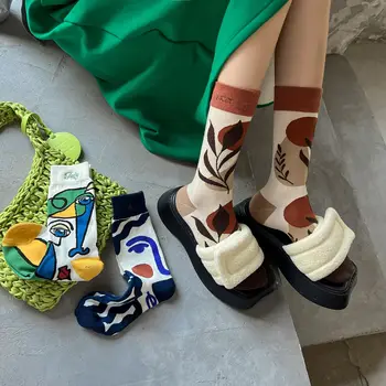 Дамски чорапи със Средна дължина, Нов Френски Тенденция, Чорапи, рисувани с Маслена, Индивидуалност, Памучни Чорапи, с дълга тръба, Мъжки и дамски Чорапи Calcetines Mujer
