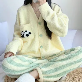 Есенно-зимни дамски пижами от коралов кадифе с шарките на пандите, жилетка с високо качество, домашно облекло с дълги ръкави, вязаный комплект