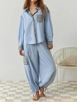 Жена пижамный комплект, клетчатая риза с дълъг ръкав и копчета, панталони с еластичен колан, пижами, дрехи за почивка