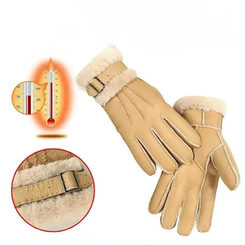 Зимни ръкавици от 100% агнешка кожа, за жени, мъже Топли ръкавици от естествен кашемирового кожа, дамски ръкавици-ръкавици от естествена кожа, пълен с пръст.