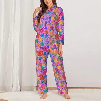 Пижами Lady Flower Power Design, домашна пижама, ретро цветен принт, естетичен пижамный комплект от две части, романтичен домашен костюм голям размер