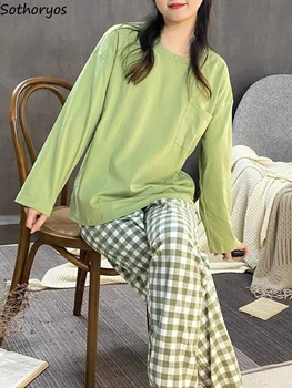 Пижамные комплекти, дамски есен пижами, ежедневни домашно облекло за учениците, шик О-образно деколте в корейски стил, модни Класическа дишащи дрехи за общежития