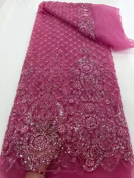 Розова луксозна лейси кърпа 5 Ярда Дубай лейси плат, ръчно изработени с мъниста, на Бродирани Африкански Нигерийскими пайети Лейси плат за шиене